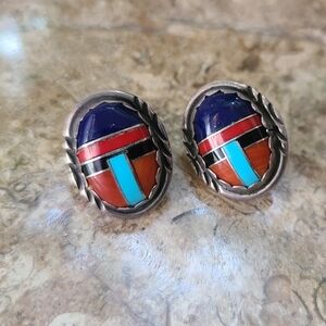 Sterling Silver 925 Native Turquoise Coral Lapis Zuni Inlay Mosiac Earrings